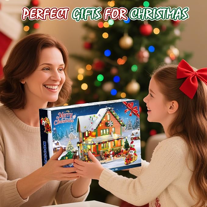 Christmas House Mini Building Set with Light PLAXSOON 1961 PCS Holiday Snow Village Architecture Model Building Block with Santa Claus Sleigh Xmas Display Toy Set for Adults Kids Boys Girls Ages 14+