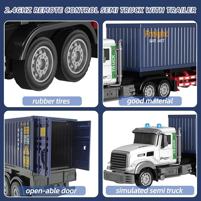 Mostop RC Semi Truck with Trailer - 23.6 Inch Large Remote Control Toy for Kids 3-8 2 Rechargeable Batteries 8 Mini Cars LED Lights &amp Sound 2.4GHz Semi-Trailer Truck Toys for Boys Girls