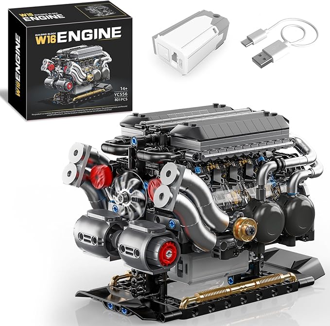 W16 Engine Building Blocks Set for Adults STEM Mini 16-Cylinder Engine Model Kit That Runs Compatible with Lego Car DIY Physical Science Experiment Toy for Teens Boys 8-14+ (801 PCS)