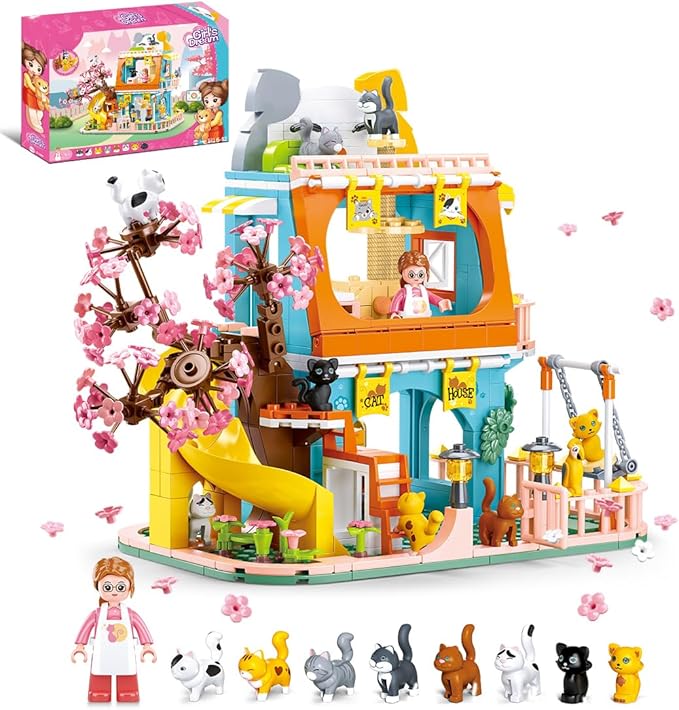 Cat House Building Set Animal Playground Crossing Toy with 8 Cats and a Doll Minifigures Compatible with Lego Friends Pet Sets Easter Gift Idea for Girls Kids Aged 6-12
