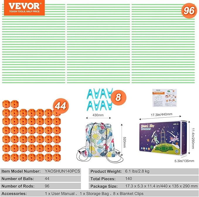 VEVOR Fort Building Kit for Kids 140PCS Glow in The Dark STEM Building Toys Educational Gift for 4 5 6 7 8+ Year Old Boys &amp Girls Indoor Outdoor Kids Fort Building Kit with 96 Rods and 44 Balls