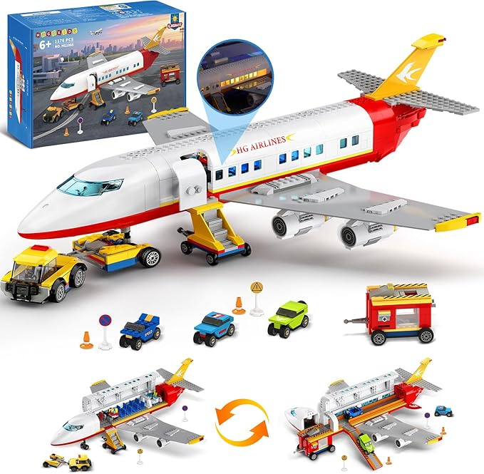 HOGOKIDS 2 Style City Airplane Building Set with LED Light - Plane Building Blocks Switch Passenger Cargo Projectile Toy with 3 Cars Planes Model Toys Valentines Gifts for Kids Boys Girls Age 6-12+