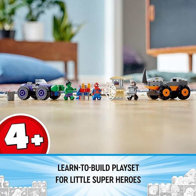 LEGO Marvel Hulk vs. Rhino Monster Truck Showdown Toy for Kids Boys &amp Girls Ages 4 and Up with Spider-Man Minifigure Inspired by The Spidey and His Amazing Friends Series 10782