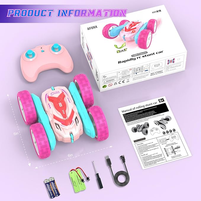RC Stunt Cars Remote Control Car Double Sided 360° Flip Rotating 4WD 2.4Ghz Rechargeable Car Toy with Headlights For Outdoor &amp Indoor for 6-12 years old Kids Girls Boys Birthday Xmas Gift Pink