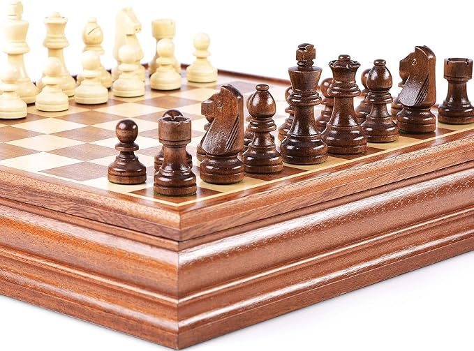 VAMSLOVE Chess and Checkers Board Game Sets for Adults Wooden Deluxe 15 inch Wood Board Box with Storage Classic 2 in 1 Large Size with Chess Pieces - 3” King Height - 2 Extra Queens