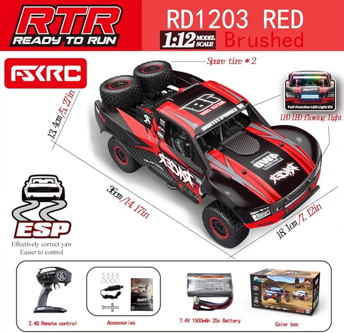 1/12 RD12 RC Drift Car 4WD Full-Proportional Brushed Racing Car with Gyroscope and 7-Color LED Lights Remote Control Truck Gift for Adults (Red)