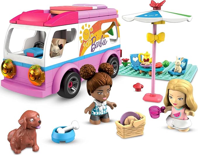 MEGA Construx Barbie Kids Building Toy Set Adventure DreamCamper with 123 Pieces 2 Micro-Dolls Furniture and Accessories Pink Ages 5+ Years