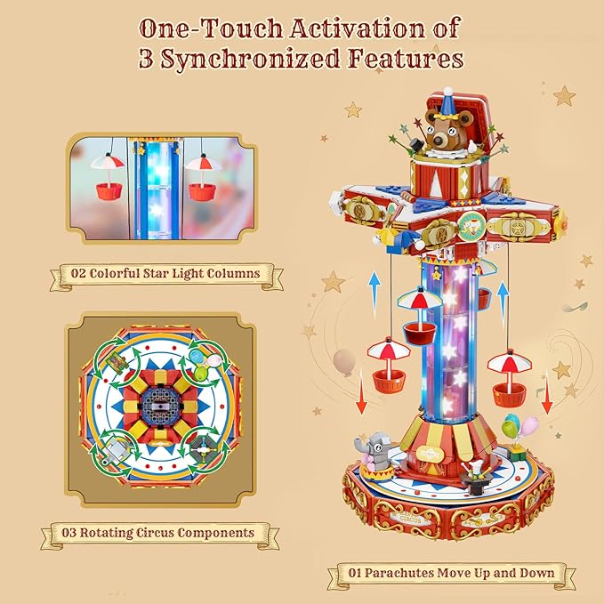 PANTASY Circus Paradrop Building Block Set Retro Carnival Display Model with LED Lights Motorized Moving Ride Colorful Star Columns Magic Box Teddy Bear Type-C Powered Interactive Adult Collector