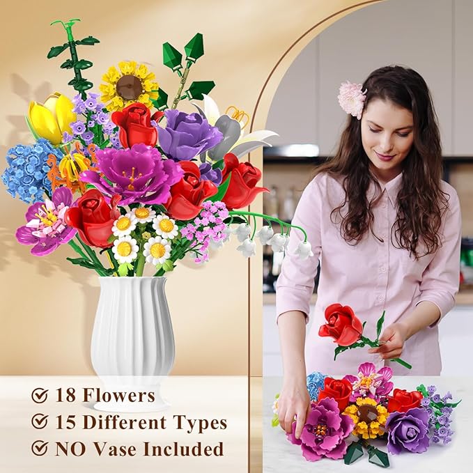 Flower Bouquet Building Set Easter 18 Flowers Rose Building Block Botanical Collection Building Block Toy Plant Home Decor 1015 PCS Gift for Her Adults Women Kids Boys Girls 12+