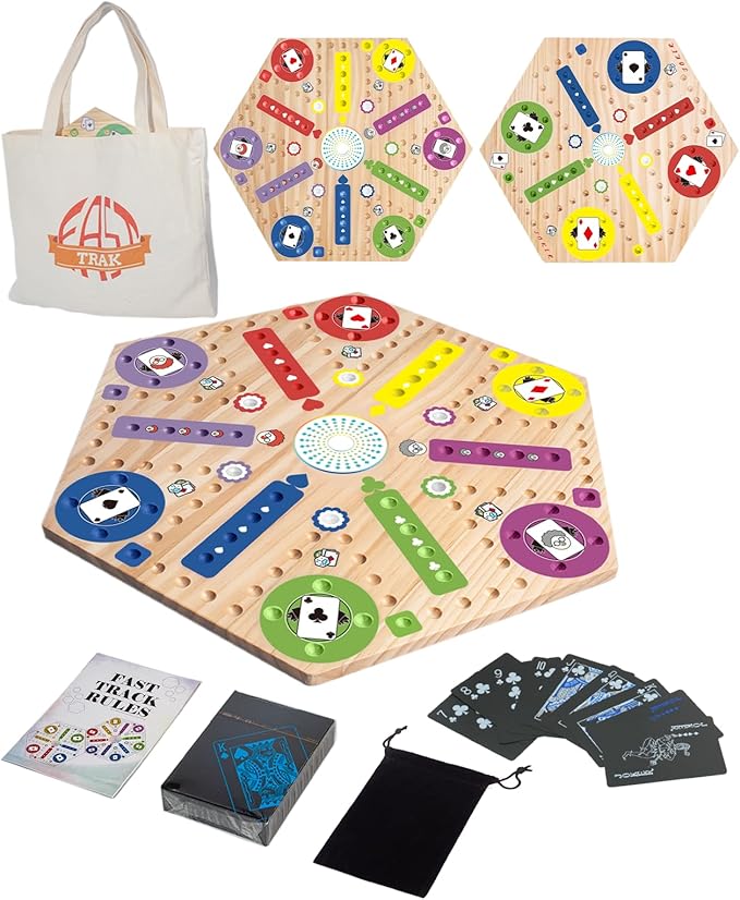 Fast Track Marble Board Game Wahoo Board Game Double Sided Painted Fast Track Board Games for 6 and 4 Players Includes 6 Colors 30 Marbles 1 Deck of PVC Playing Cards 1 Canvas Bag