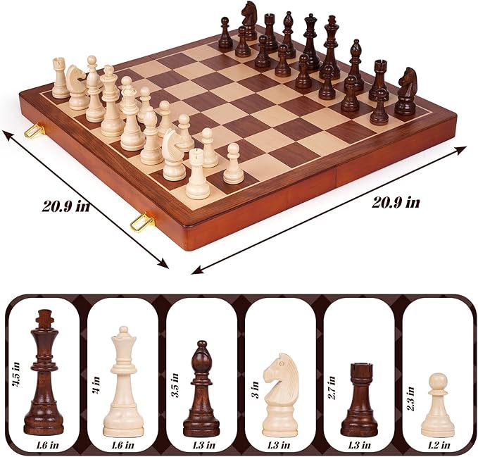 20 Inch Super Large Wooden Chess Set Hand-Carved Wooden Chess Pieces with 4.5” King Built-in Storage &amp 2 Extra Queens Luxury Folding Tournament Chess Board Game for Adults and Kids