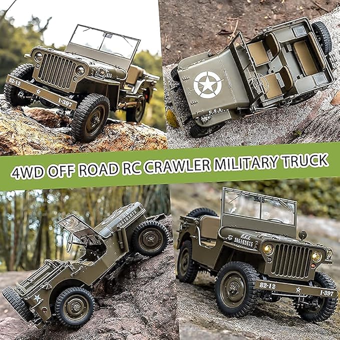 FMS Rochobby RC Car 112 1941 MB Scaler Willys Jeep Remote Control Crawler Military Truck 4x4 Offroad Vehicle with Transmitter Battery and Charger Small RC12001RTR Hunter Green