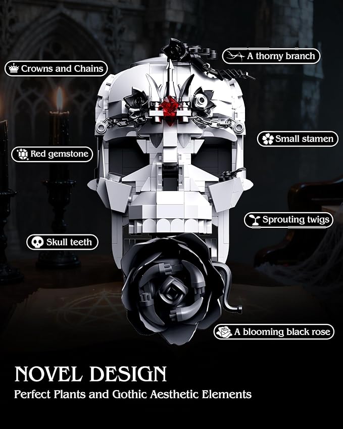 Skull Black Rose Flower Building Set 3 in 1 Gothic Horror Decor Botanical Artificial Flowers Collection Toys Ideal Home Office Decoration &amp Christmas Valentine's Day Gifts for Adults Women