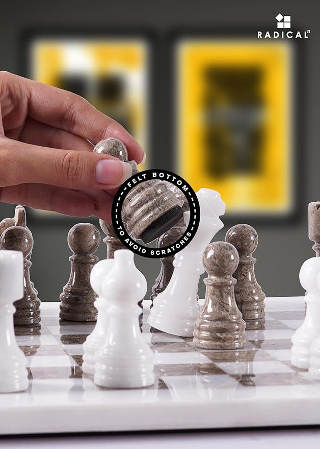 Radicaln Marble Chess Set 12 Inches White and Grey Oceanic Handmade Luxury Board Game for Adults Classic Stone Chess Board &amp Pieces Premium Game Night Gift for Home Decor