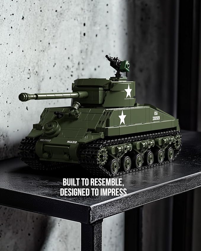 Nifeliz Sherman Military Tank Building Set for Adults Collectible WW2 Military Model Toy to Build and Display M4 Medium Vehicle for Army Enthusiasts (860 PCS NF10313)