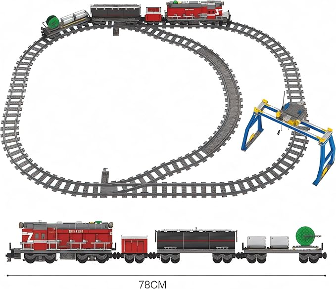 General Jim's Red Diesel Cargo Train Building Blocks Set - 1000+ Piece City Series with Automatic Running System Railway Tracks and Truck - L Gauge - Compatible w/Major Brick Brand Tracks - GJ-EBRT