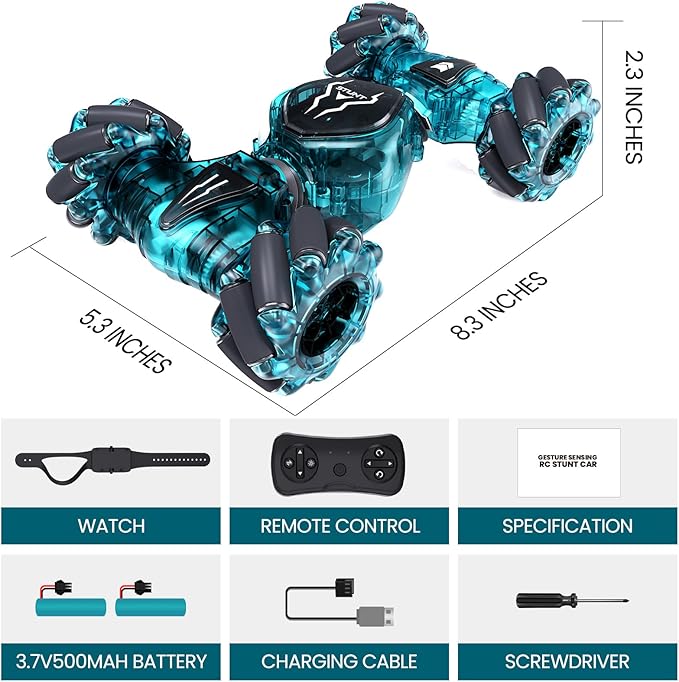 Tecnock Remote Control Car for Boys Girls 2.4GHz 4WD Gesture Sensing RC Stunt Car Toys - 360° Rotating Double Sided Hand Controlled RC Cars with LED Lights Gifts for Kids Ages 6-8 8-12