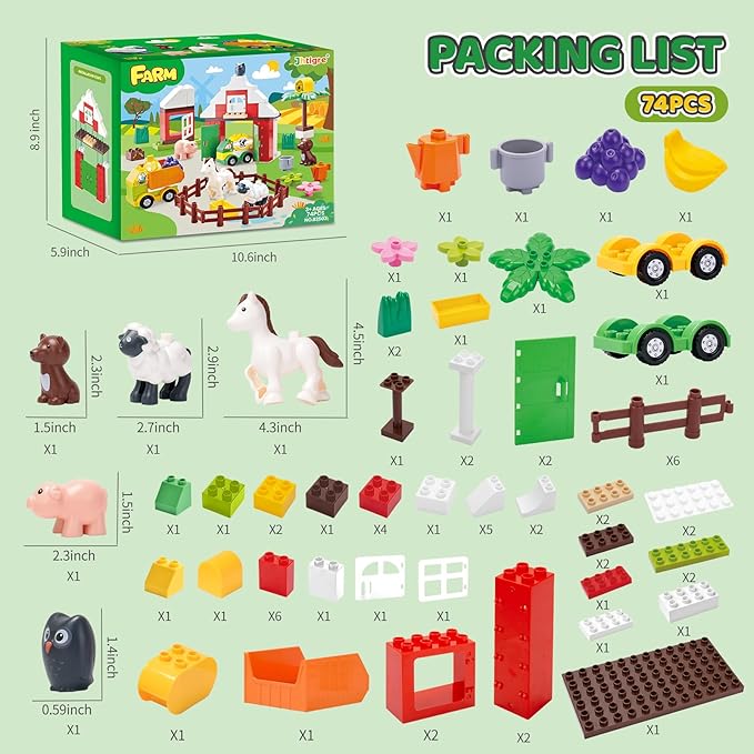 Building Blocks for Toddlers 1-3-5 Farm DIY Big Classic Building Bricks Toys Set for Kids Ages 2-4-5-8 With Barn Animals Truck Compatible With All Major Brands Gift Toy for 3-5 Boys Girls 74 Pcs
