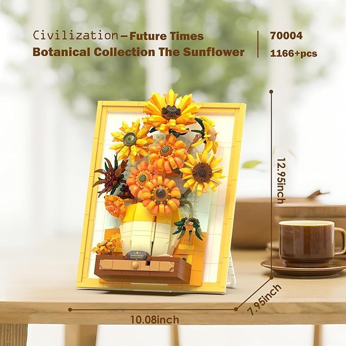 JMBricklayer Flowers Sunflower Building Sets for Adult with Lights 70004 Van Gogh Wall Art Crafts Ideas Flower Bouquet Painting Frame Room Decor Valentine’s Day Birthday Gifts for Women Girl