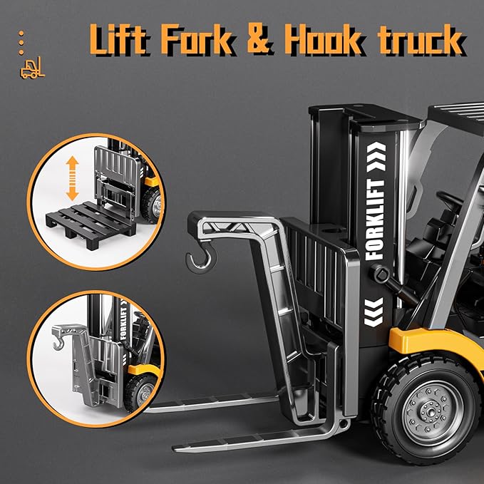 1/64 MINI RC Forklift ToyRemote Control Engineering Truck with Lights &amp Sounds2 in 1 Lift Fork &amp Hook Truck for Adults Boys Kids Age 6-8 8-12 Years Old.