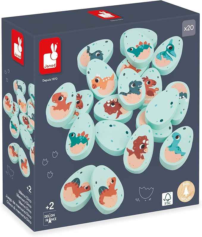 Janod Dino - Dinosaur Memory Game - 20 Wooden Dino Eggs with 10 Prehistoric Pairs - Cooperative or Competitive Early Learning Game - Ages 2-5 Years - J05826