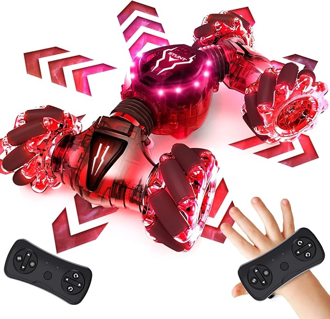 Tecnock Remote Control Car for Boys Girls 2.4GHz 4WD Gesture Sensing RC Stunt Car Toys - 360° Rotating Double Sided Hand Controlled RC Cars with LED Lights Gifts for Kids Ages 6-8 8-12