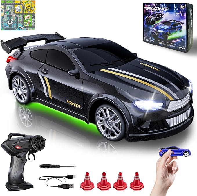 Mini RC Drift Car 1:64 Scale Remote Control Car with LED Lights &amp 2-Speed Modes 2.4GHz Stunt Drifting RC Toys with 4 Obstacles &amp Track Mat Hobby Gift for Kids &amp Adults Black