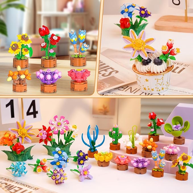 24 Pack Easter Basket Fillers Flowers Party Favors for Kids Building Set - 827PCS Botanicals Succulent 3.6MM Mini Building Blocks Toy for Goodie Bag Stuffer Classroom Prize Gift for Kids Girls Boys 6+