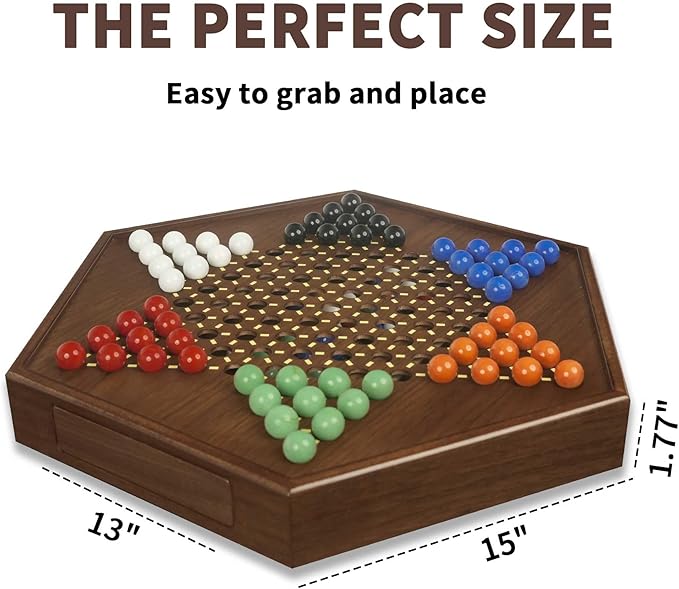 Chinese Checkers Board Game - 15” Large Wooden Checkers Game with Storage Drawer 16mm Glass Marbles (60 + 12 Extras) Classic Family Strategy Game for 2-6 Players