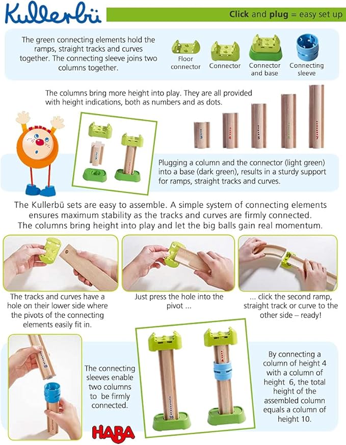HABA Ball Run Expansion Set Kullerbu Connectors and Base Building Set for Elevated Marble Runs and Tracks - 8 Piece STEM Toys Accessory Set