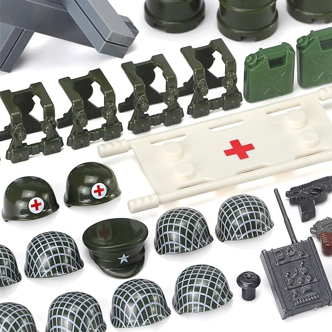 Feleph WW2 Military Vehicles Weapons Pack 282 Pieces US Army Building Block Toy Set WWII Car Tricycle Gear Helmets Vests Tools Bricks Model Compatible with Soldier Figures for Ages 6 and Up