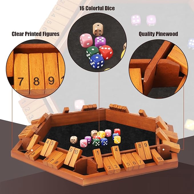 1-6 Players Shut The Box Dice Games Wooden Board Table Math Game with 16 Dice and Instructions Classics Close The Box Board Game for Adults Kids Family Classroom Home or Bar