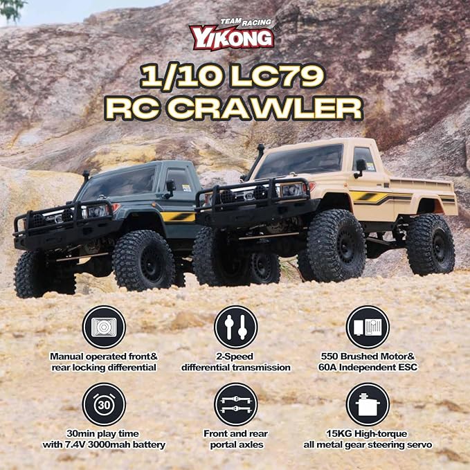 EAZYRC YKHOBBY 1/10 Scale 4X4 RC Rock Crawlers- LC79 Style 4WD Off-Road RC Rock Trucks Manual Diff Locks 2-Speed Transmission Upgradeable Brushed Motor 4WD Off-Road RTR for Adults &amp Teens