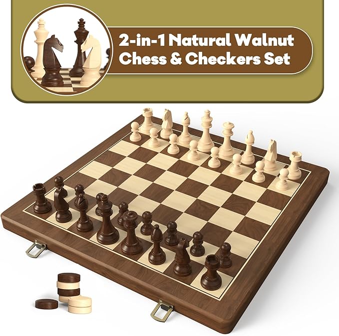 Premium Natural Walnut 15 Magnetic Wooden Folding Chess &amp Checkers Set- 2 in 1 Board Game with 3 King Staunton Pieces and 2 Extra Queens Checkers and Dust-Proof Storage Bag (Black)