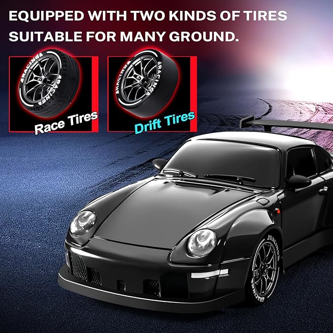 ACAMMZAR RC Drift Car 1:24 Remote Control Car for Kids 20KM/H 4WD High Speed RC Cars with Lights Extra Racing Tires Vehicle for Adults Boys Girls Black