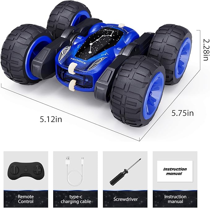 Tecnock Remote Control Car 2.4GHz RC Cars with USB-C Easy Charging 4WD Double Sided 360° Rotates and Flips RC Stunt Car Toys Gift for Boys and Girls Ages 6-8 8-12