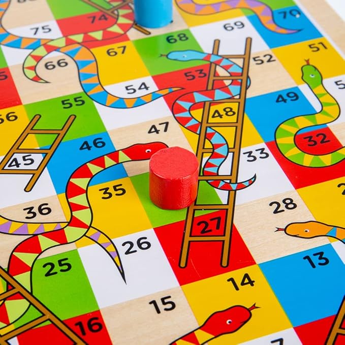 Bigjigs Toys Traditional Snakes and Ladders Game | 4 Player Wooden Board with Counters &amp Dice | Family Toy for Kids &amp Adults | Educational Tool for 3+ Year Old Children | Classic