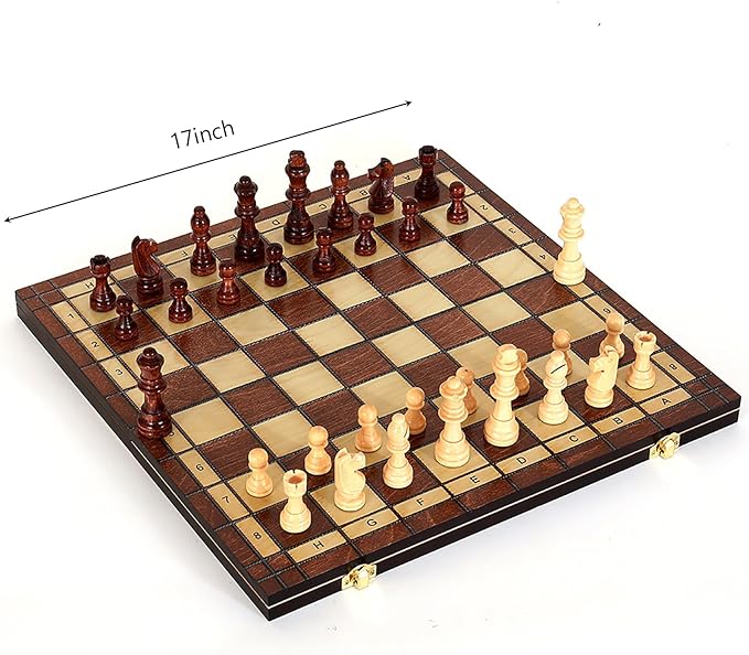 LargeDeluxe 17-Inch Wooden Chess Set - Perfect for Adults and Beginners Handcrafted Unique Folding Design Board Games