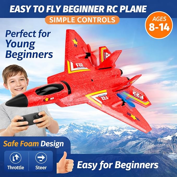 Remote Control Plane F-22 Raptor 2.4GHz Durable Foam Rc Airplane with Smart Gyro/LED Lights/3 Rechargeable Batteries RC Jet Glider Toy Gift for Kids Boys Girls 8-16 Year Old (Red)