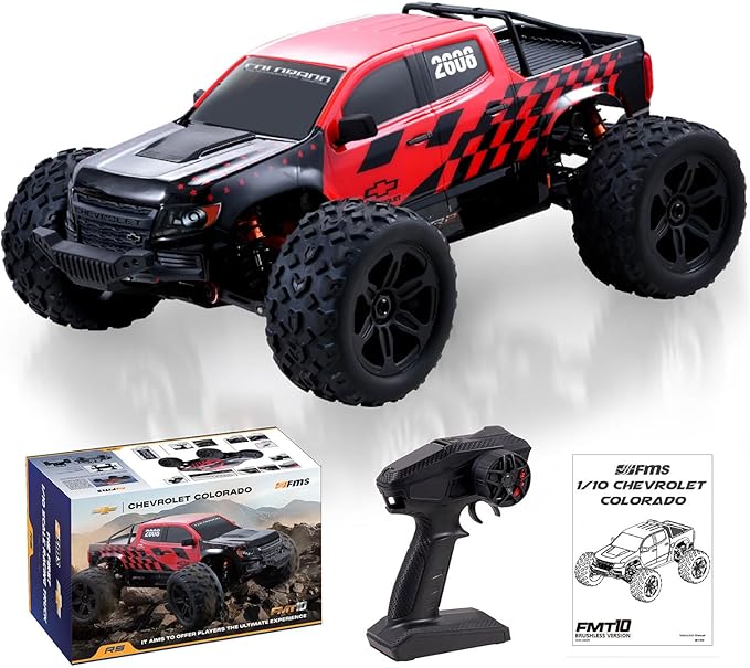 FCXㅤ FMS FMT10 1/10 Chevrolet Colorado Brushless RC Truck 4WD Off-Road Crawler with Metal Chassis Waterproof ESC Hobby Grade Remote Control Car for Adults (Black and Red)