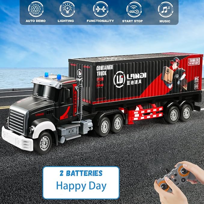 RC Semi Truck 23.6 Inch Remote Control Semi Truck and Trailer Toy Semi Truck Toy 2.4Ghz with Sound and Lights Container 1/24 RC Construction Vehicles Toy for Kids &amp Boys