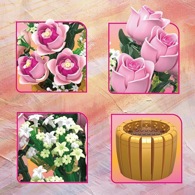 39151 Eternal Pink Rose Building Blocks Flower Set 1056 Pieces of Floral and Plant Series Block Sets Adult Creative Enthusiast Model Gifts and Collectibles Can be Used for Room Decoration