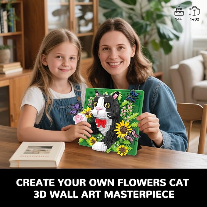 Flowers Tuxedo Cat Animal 3D Wall Art Micro Mini Building Blocks Set Unique Home Wall Decor or Table Display No Compatible with Lego Ideal Gift Toy for Adults &amp Boys Girls 14+ (1402 PCS)