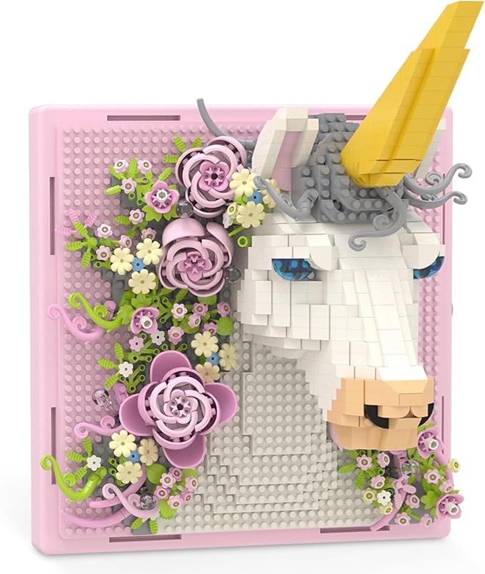 Pink Flowers Unicorn Animal 3D Wall Art Micro Mini Building Blocks Set Unique Home Wall Decor or Table Display No Compatible with Lego Ideal Gift Toy for Adults &amp Boys Girls 14+ (1349 PCS)
