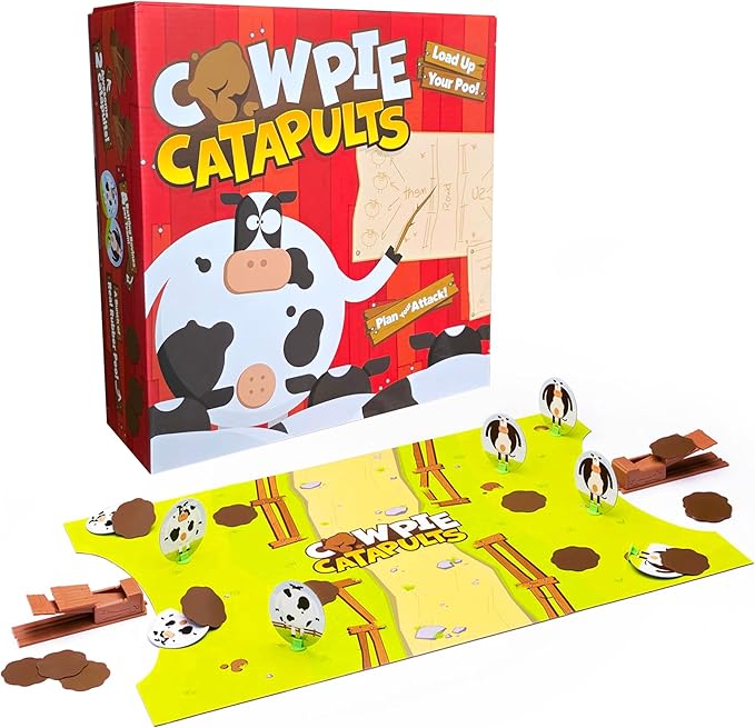 The Good Game Company Cowpie Catapults - Launch Poop with a Catapult to Knock Over Cows Last Moo Standing Wins Easy to Learn Cow Tipping Funny Kid Family Board Game Age 6+