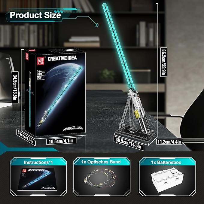 Mould King 10139 Lightsaber Building Set Light Saber with Stand Rechargeable LED Light Sword for Adult Birthday Thanksgiving Xmas Toys Gift Halloween Cosplay (1089 Pieces)