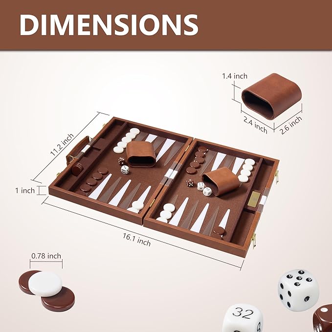 Backgammon Sets for Adults - 11 inch Classic Board Games for 2 Players Adults - Small Travel Backgammon Strategy Game Set with Premium Leather Case - Portable Backgammon Set Brown
