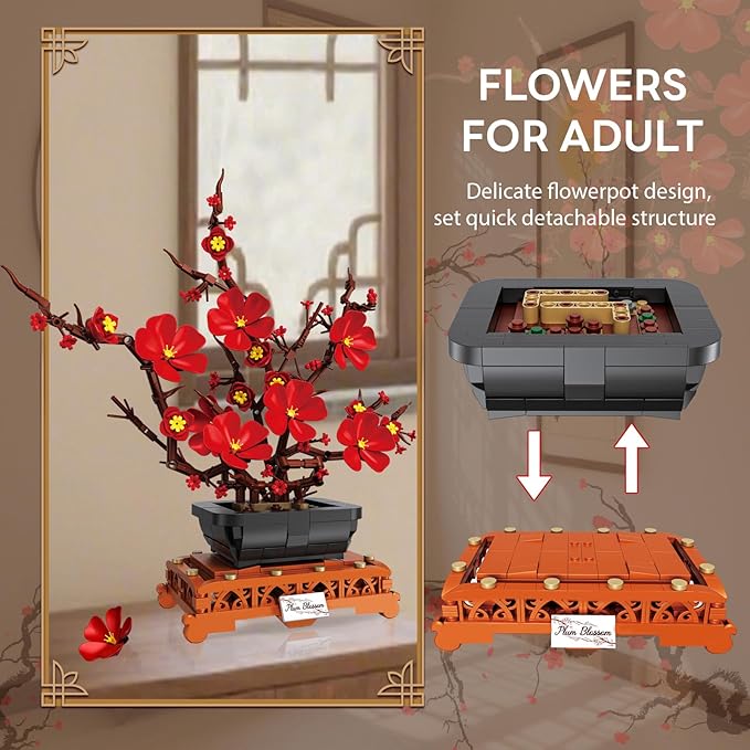 Plum Blossom Building Sets Flower Pot Set Compatible with Lego Botanical Collection for Adults Artificial Bouquet Flower Arrangement Living Room Home Office Decor Ideal Gift 669PCS