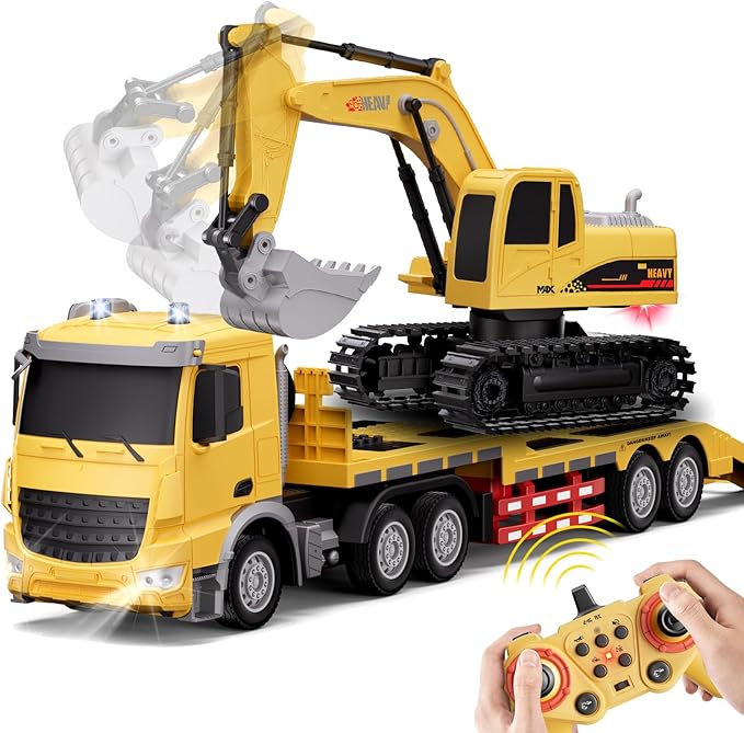 RC Semi-Trailer Truck with Excavator Toy Set - 1:12 Scale Remote Control Flatbed Truck and Excavator Toy for Kids 22.5 Inch with Lights &amp Music RC Construction Vehicle Toys for Boys 6-12 Years O