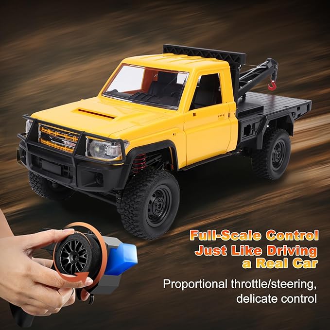 RC Crawler 1:12 Scale New Upgrade MN82-T RC Truck Crane 4WD LC79 Off Road Remote Control Pickup with Lights All Terrain Wrecker Vehicle for Teens Adults (Yellow)